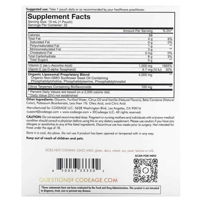 Codeage, liposomale vitamine C, citrus-vanille, 1000 mg, 32 zakjes, 15 ml (0,5 fl oz) elk