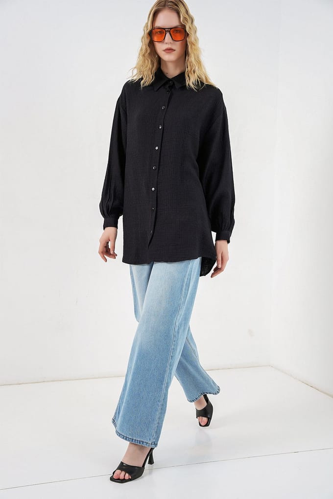 Overmaatse Geweven Lange Blouse met Shirtkraag