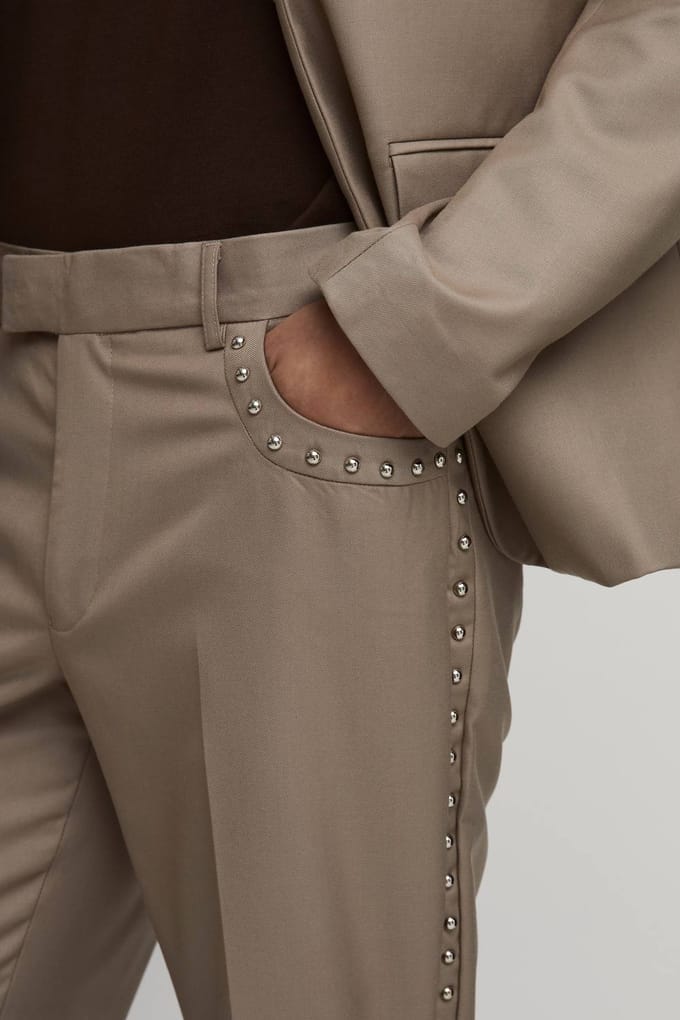 Slim Fit Studded Tailored Trousers | Taupe | Size 46