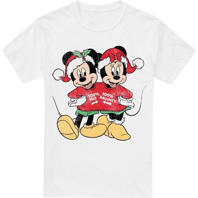 Disney Heren Mickey & Minnie Mouse Kerst Trui T-Shirt (Wit)
