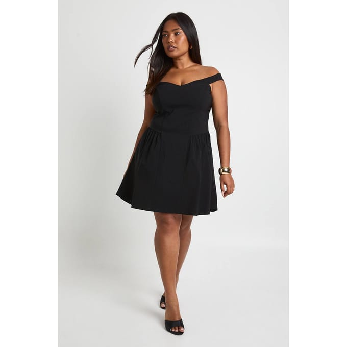 boohoo Dames Plus Bengaline Bardot Skaterjurk | Black | Maat: 24