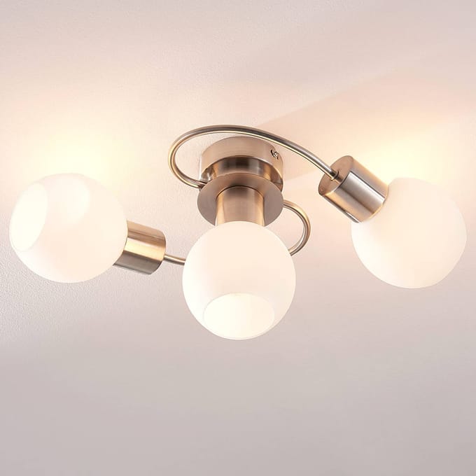 Lindby - plafondlamp - 3lichts - Glas, metaal - H: 17.5 cm - E14 - wit, nikkel gesatineerd