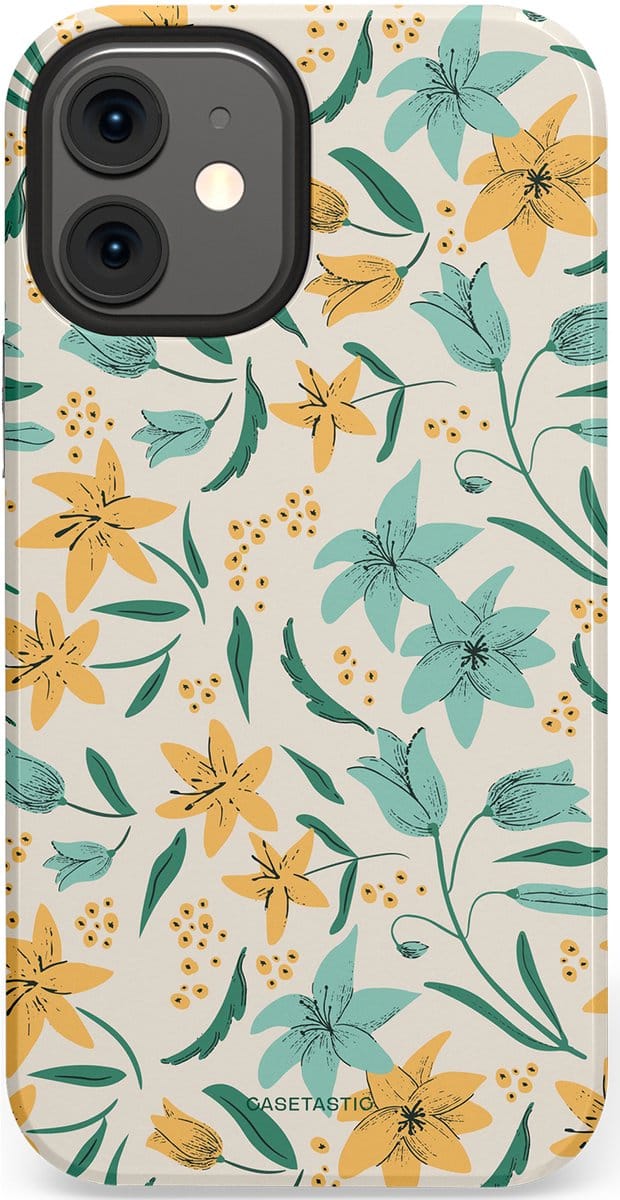 Casetastic hoesje geschikt voor Apple iPhone 12 Mini - Dubbellaagse bescherming - Sereen in bloei - Fashion Case - Lichtgrijs Crème Saliegroen Wit