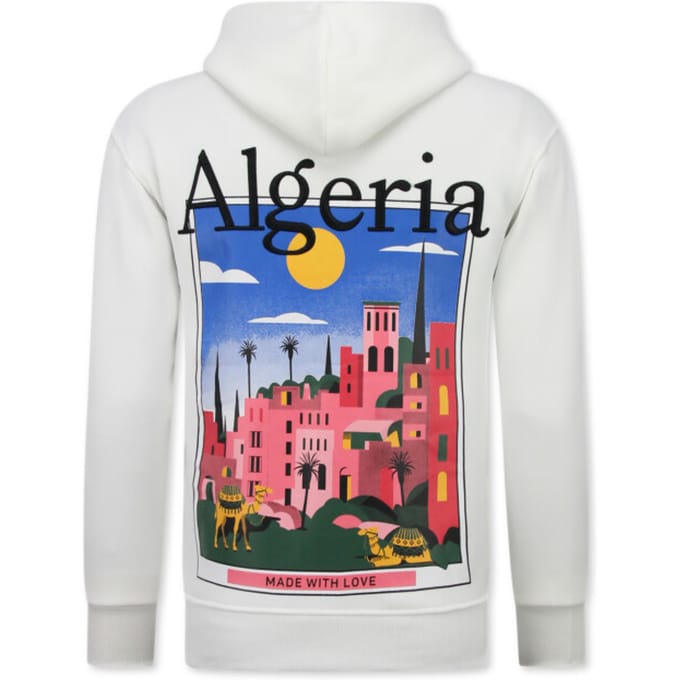 Oversized Hoodie Heren met Capuchon - Algeria Print - Dik Geweven - 5813 - Wit