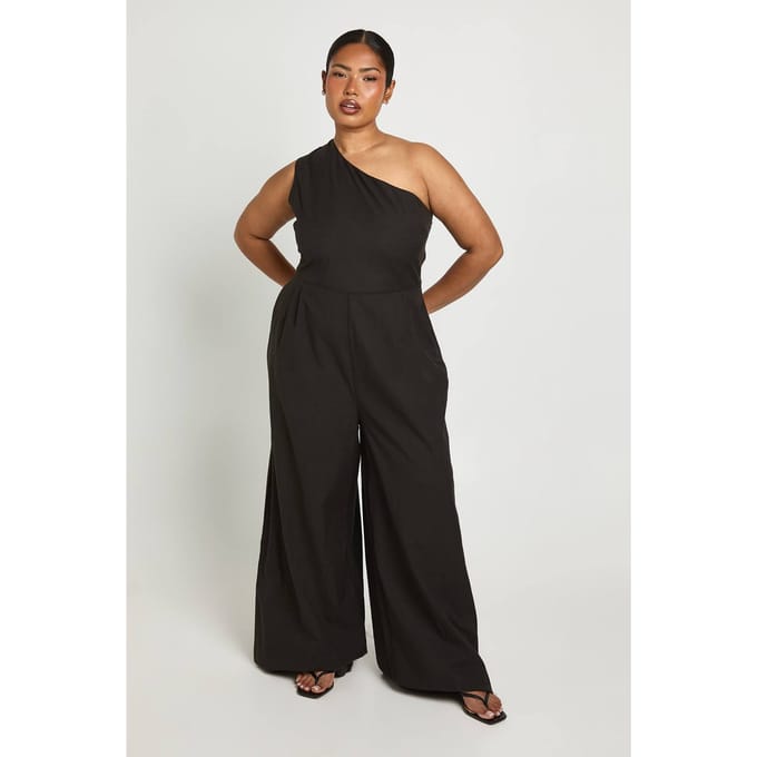boohoo Dames Plus Linnen Jumpsuit Met Éen Schouder | Black | Maat: 22