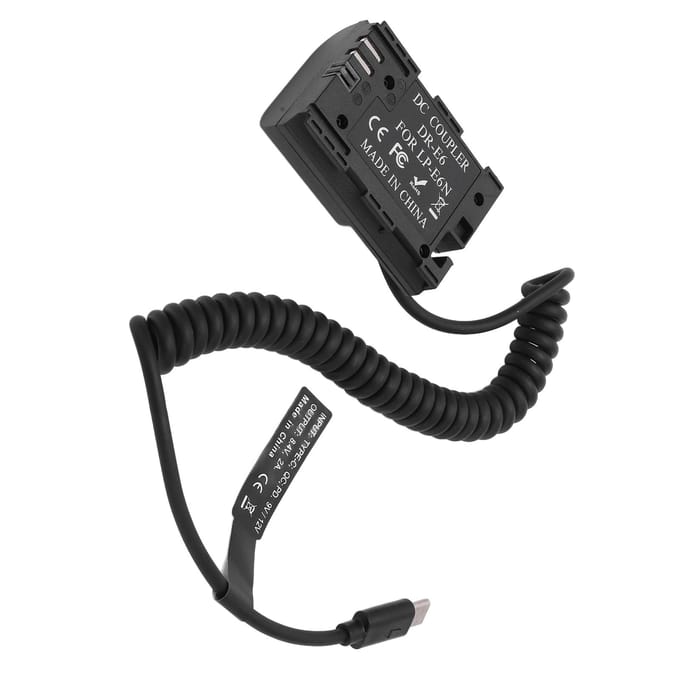 Adaptateur d'alimentation CC pour batterie factice de type C LPE6 entièrement décodée pour appareils photo 5D4 6D2 7D black