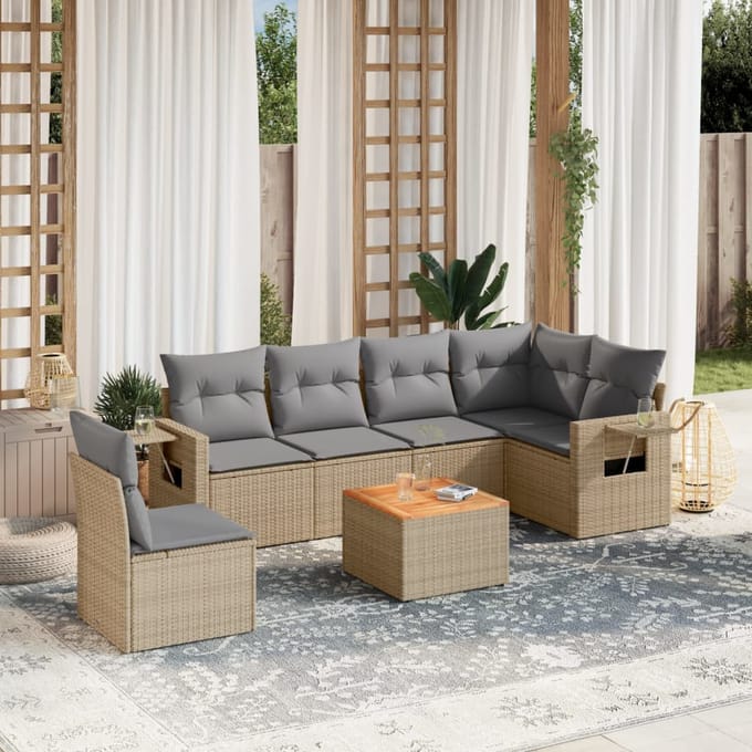vidaXL - 7-delige - Loungeset - met - kussens - poly - rattan - beige