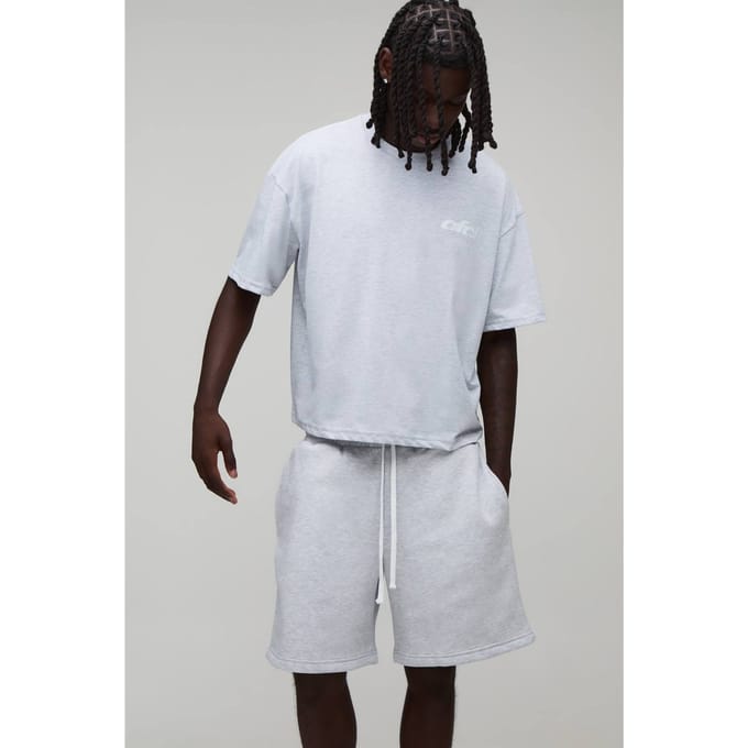 Oversized Boxy Ofcl T-shirt & Verlengd Trekkoord Baggy Short Set | Grey Marl | Size Medium