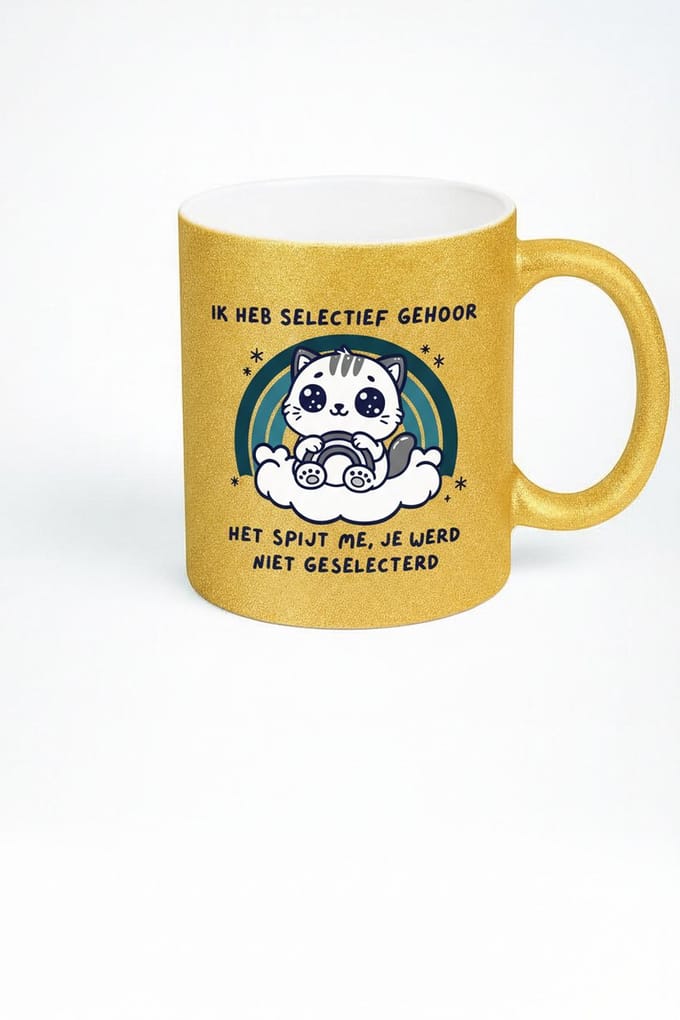 Gouden Mok "Ik Heb Selectief Gehoor" - Cadeau voor Kattenliefhebbers