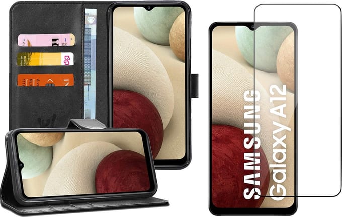 Hoesje geschikt voor Samsung Galaxy A12 - Screen Protector GlassGuard - Book Case Kunstleer Pasjeshouder Zwart & Screenprotector