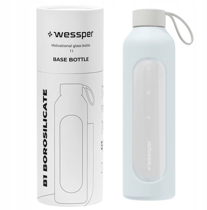 Glazen Motivatiefles 1000ml – Duurzame Waterfles in ICE BLUE