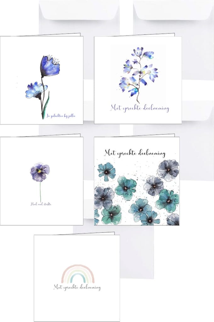 Condoleance kaarten set 5 stuks – Bloemen – Inclusief envelop – Blanco binnenkant – 14x14 cm – Rouwkaarten set