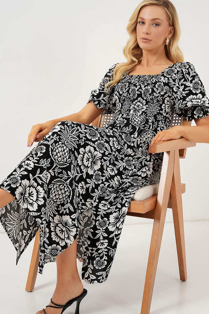 Florale Midi-jurk met Vierkante Kraag en Split