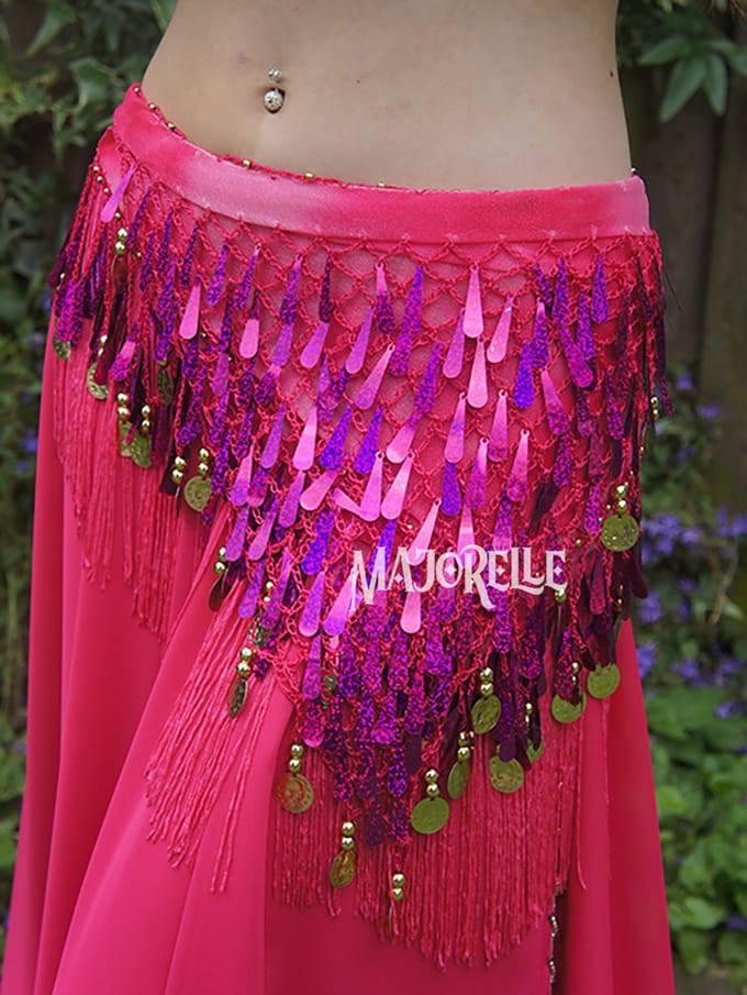 Buikdans heupsjaal fuchsia met druppelvormige pailletjes