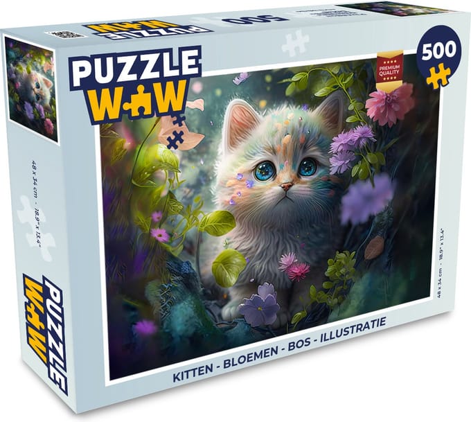 Puzzel Kitten - Bloemen - Bos - Illustratie - Poes - Legpuzzel - Puzzel 500 stukjes