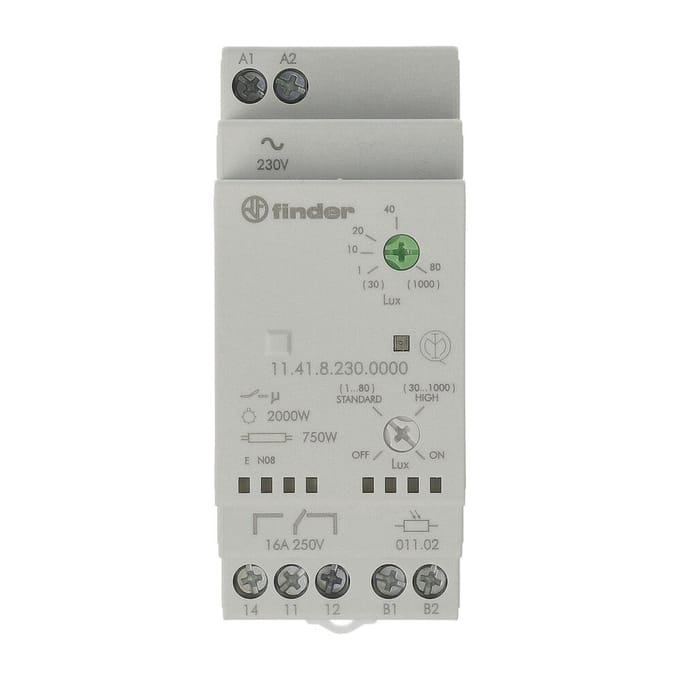 Finder 11.41.8.230.0000 Schemerschakelaar 1 stuk(s) Voedingsspanning (num):230 V/AC Lichtgevoeligheid: 1, 30 - 80, 1000 lx, lx 1x wisselcontact