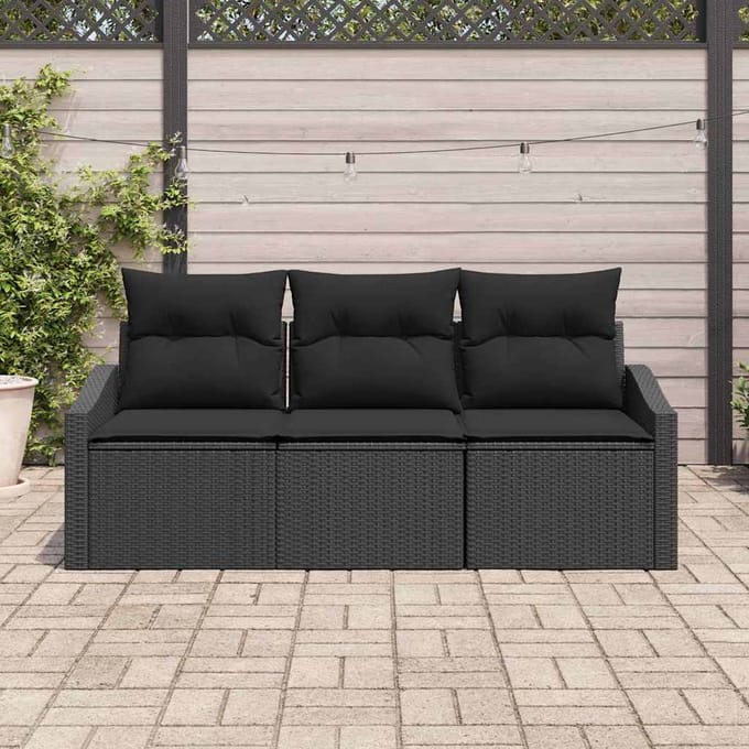 vidaXL Tuinbank Set met kussen met opslag 3 pcs Zwart poly rattan