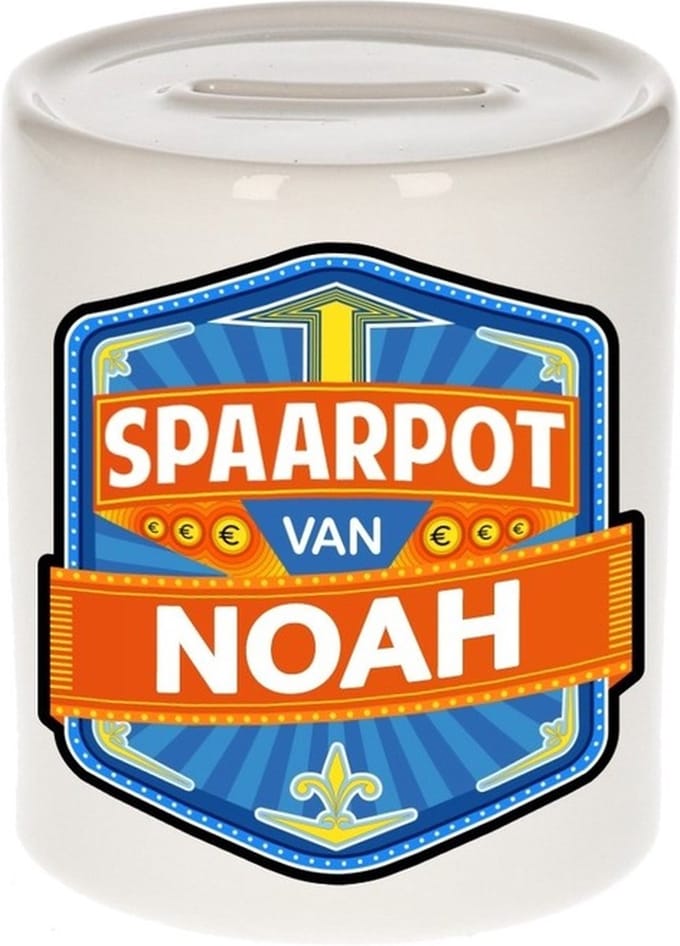 Bellatio Decorations Kinder spaarpot met naam - Noah - keramiek - met dop - wit - Sparen - Spaargeld van Noah