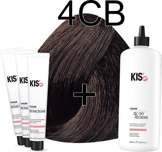 Kis KeraCream Color - 100ml - Haarverf Set - 4CB Middel chocolade bruin | KIS - (3 x haarverf & 1L waterstofperoxide)