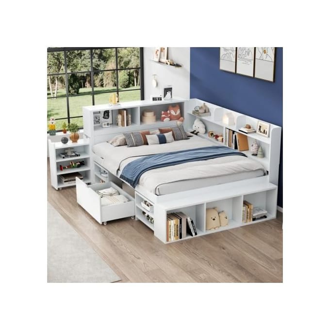 Kinderbed - MUVOE - 140x200 cm - Wit - Lattenbodem - Geïntegreerde opbergruimte wit