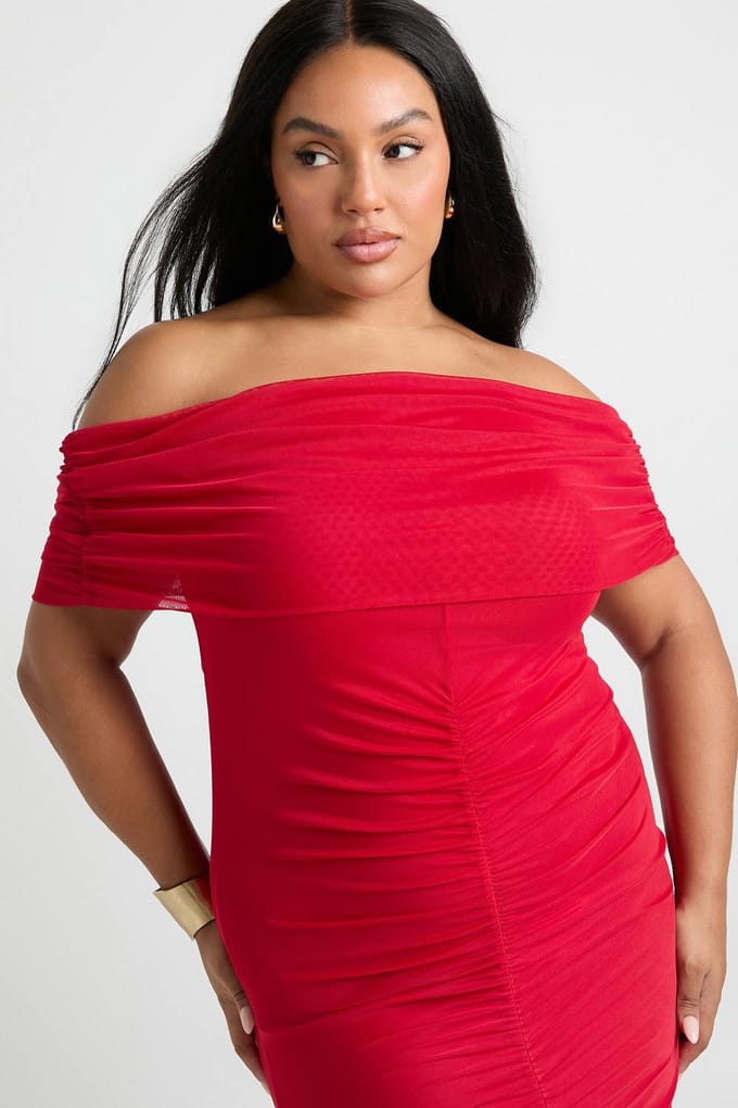 boohoo Dames Plus Mesh Bardot geraffeld maxi-jurk | Red | Maat: 22