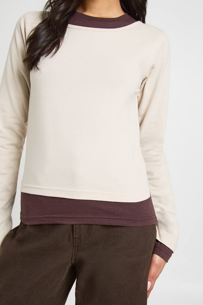 boohoo Dames Dubbele Laag Lange Mouw Top | Chocolate | Maat: 6