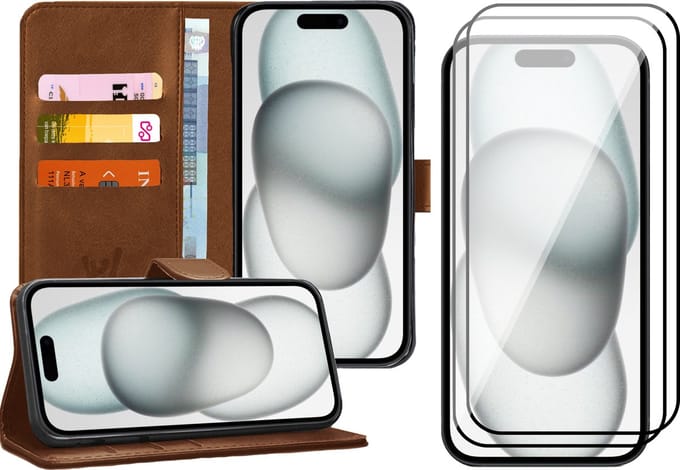 Hoesje geschikt voor iPhone 15 Plus - 2x Screen Protector FullGuard - Book Case Kunstleer Pasjeshouder Bruin & Screenprotector