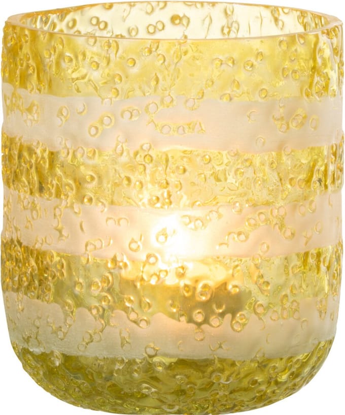 J-Line windlicht Strepen - glas - geel/wit - small - 2 stuks