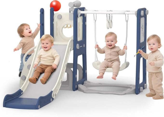 Multifunctionele 8-in-1 Binnen- en Buitenspeeltuin met Glijbaan, Schommel en Klimrek