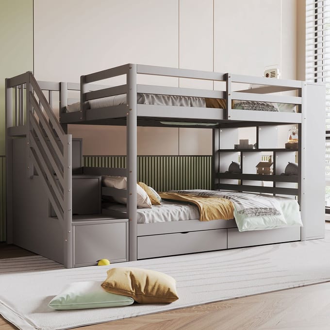 REDOM Ledikant 90x200 cm – Stapelbed met veiligheidstrap & opbergruimte – Massief hout – Grijs