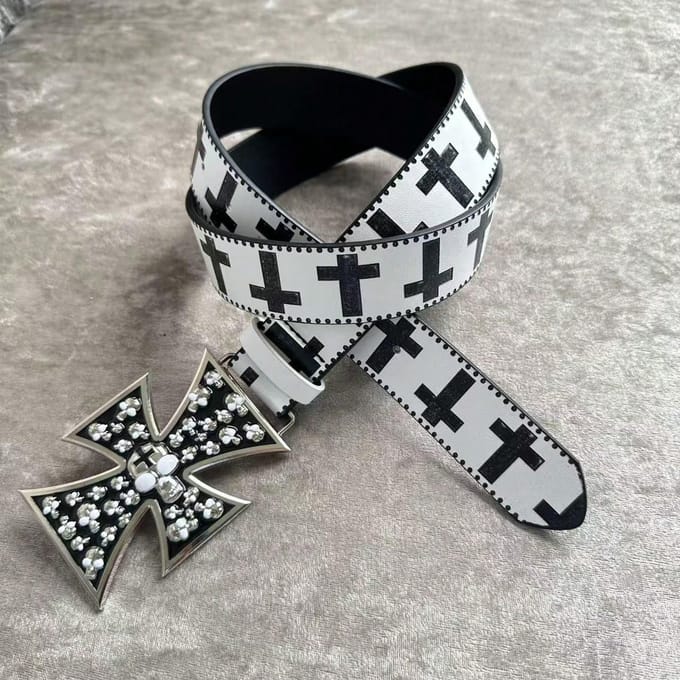 Zwart-wit Kruis Strass Print Y2K Gepersonaliseerde Trendy PU Leer Riem 110cm wit