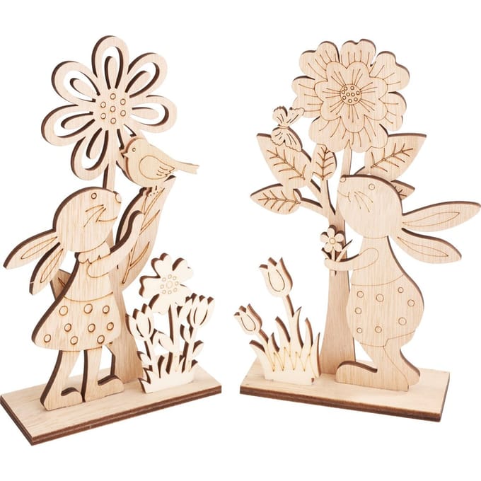VBS Houten bouwpakketten "Konijnenpaar met bloemen", set van 2