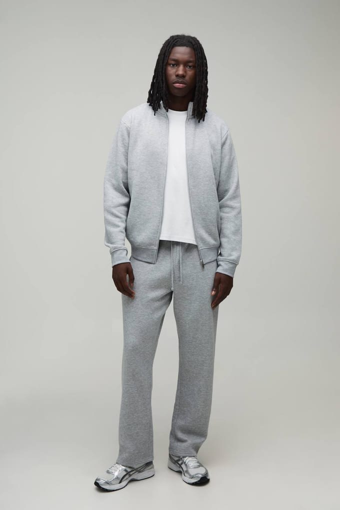 Regular Funnel Neck Sweatshirt Met Rits En Rechte Pijp Joggingbroek | Grey Marl | Size Medium