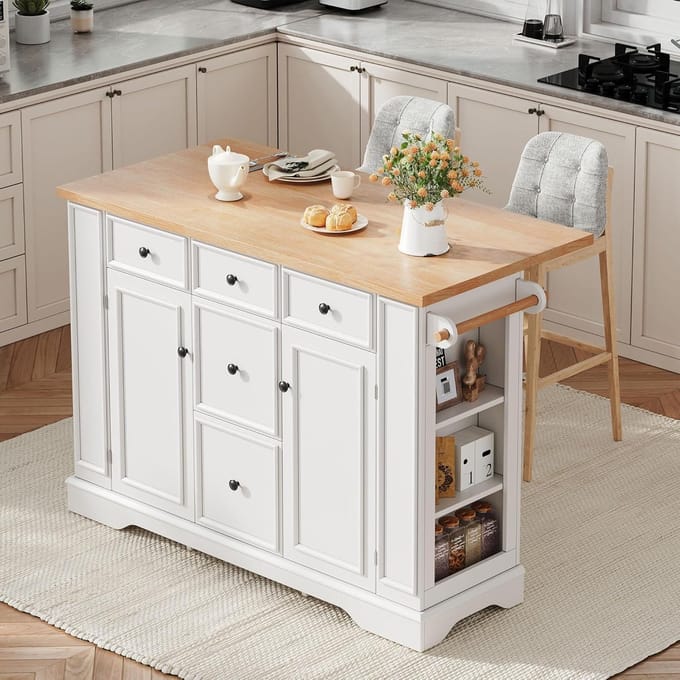 Keuken Eiland - Vergrootbaar Werkblad - Koken en Bakken - Geïntegreerd Laadstation - 130 cm Breed - Wit