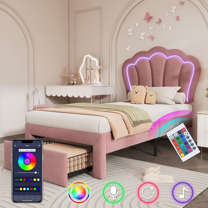 Kinderbed LED Eenpersoonsbed 90 x 200 cm Gestoffeerd Bed met Lades APP-Control LED Bedframe Verstelbaar Hoofdeinde Velvet, Roze