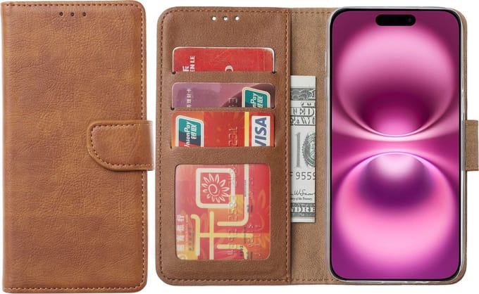 Hoesje Geschikt voor iPhone 16 – Arara bookcase met pasjeshouder - Bruin