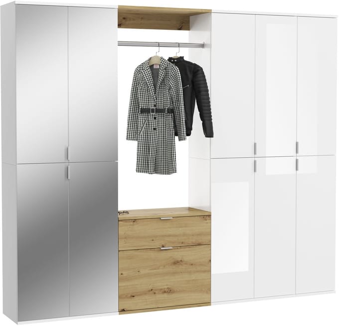 ProjektX garderobe opstelling P12 wit hoogglans, wit, eiken decor.