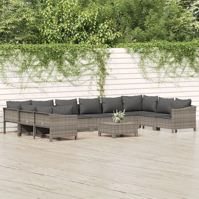 vidaXL - 11-delige - Loungeset - met - kussens - poly - rattan - grijs