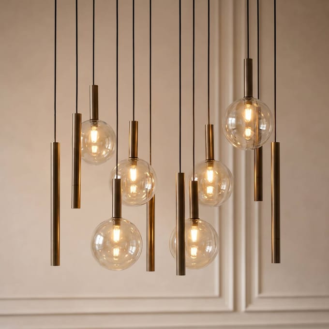 Lucande hanglamp Lumavia, 12-lamps, glas, bruin/amber, G9