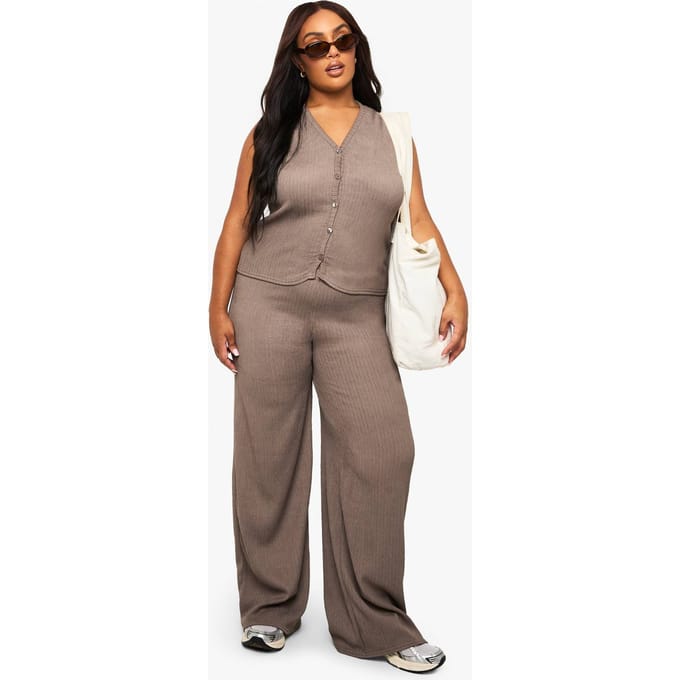 boohoo Dames Plus Crinkle Plisse Elastische Wijde Broek | Taupe | Maat: 22