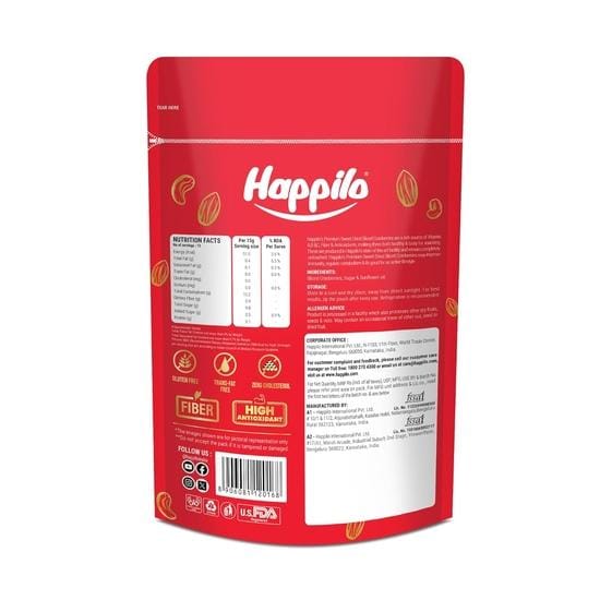 Canneberges californiennes séchées et sucrées en tranches de qualité supérieure Happilo, 200 g red