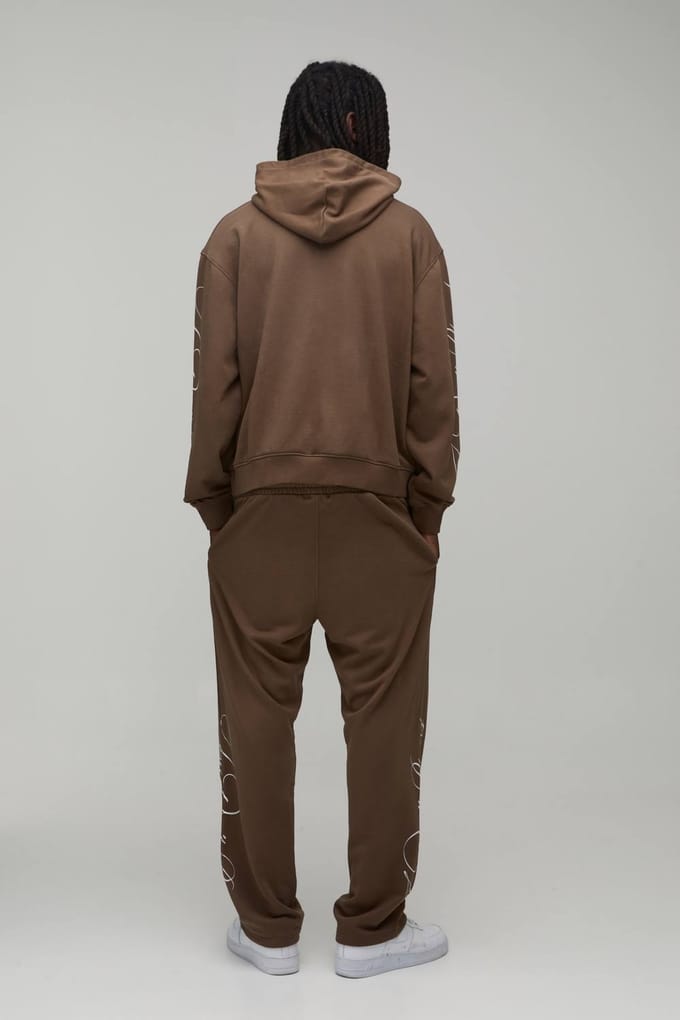 Oversized Boxy Trainingspak Met Gewassen Loopback Stof, Capuchon En Opschrift | Brown | Size Medium