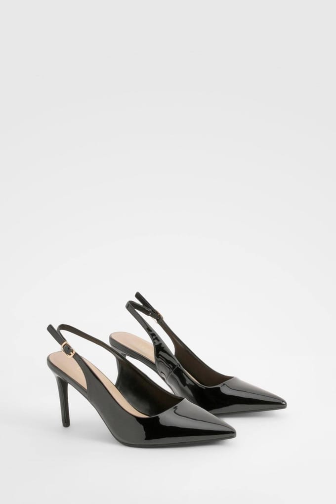 boohoo Dames Patent Middenhoge Slingback Courtschoenen | Zwart | Maat: 41