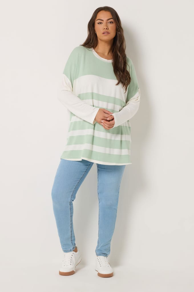 Yours Groene Gestreepte Top Met Lange Mouwen Size 54-56