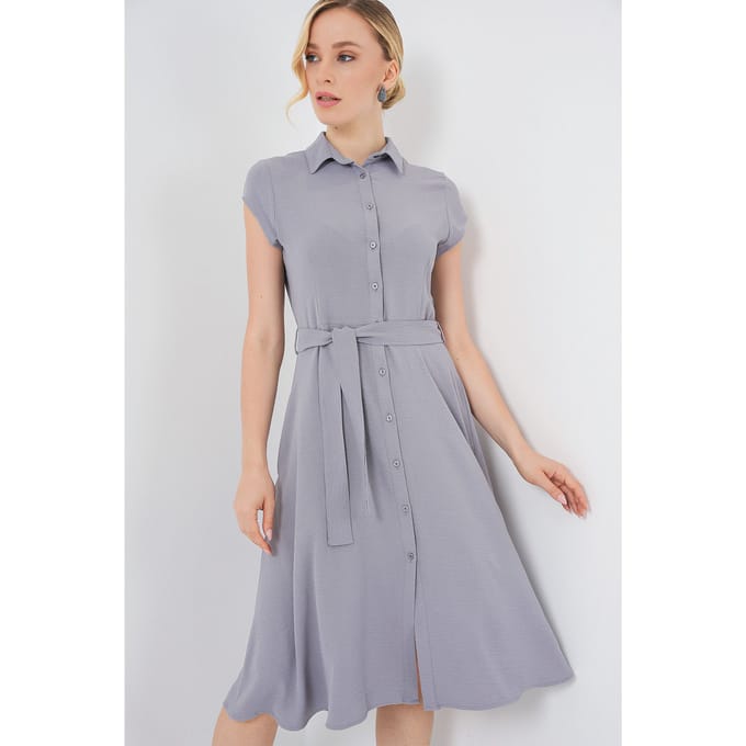 Gestreepte Midi-jurk met Knopsluiting en Binding Detail