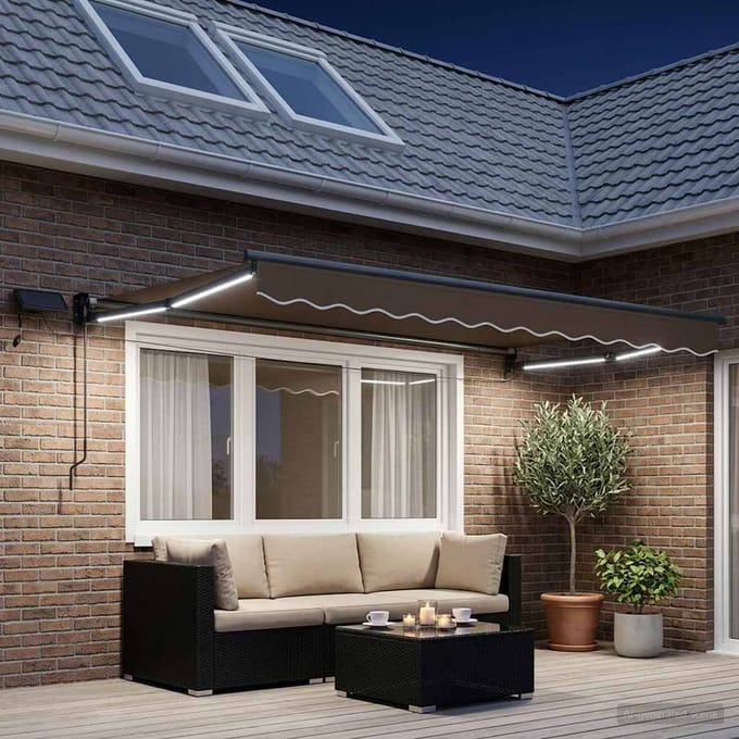 vidaXL - Handbediende - luifel - met - LED's - Taupe - 100% - Polyester - en - Aluminium