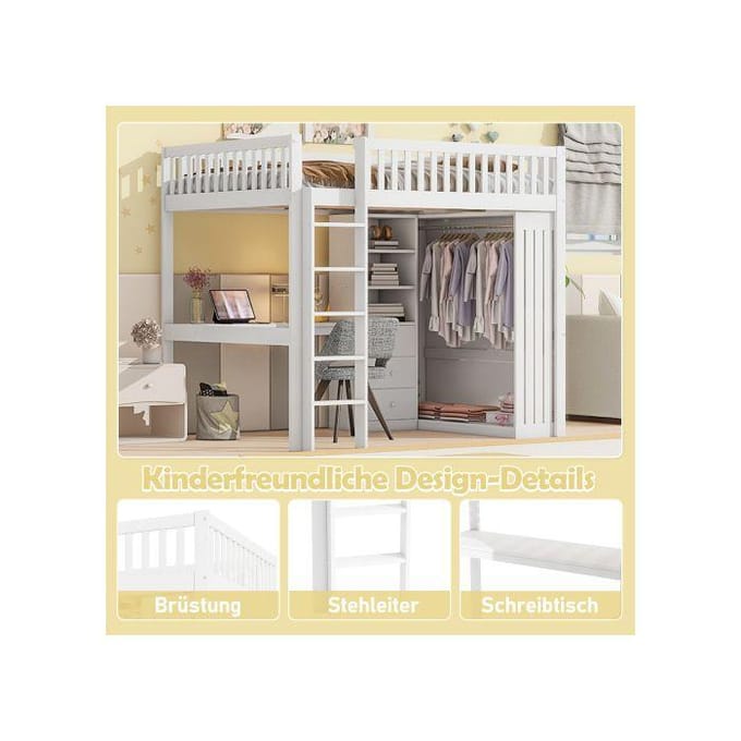 Verhoogd slaapvide - MUVOE - 140 x 200 cm - Geïntegreerd bureau - Kledingkast & 3 lades - Pin/Witte MDF wit