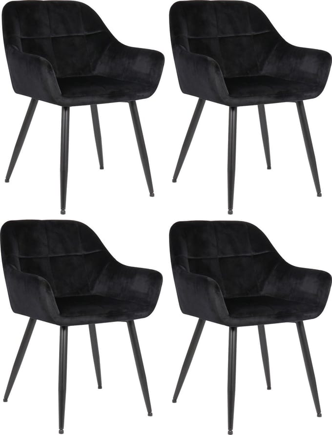 CLP Emia Set van 4 eetkamerstoelen - Met armleuning - Velvet - Fluweel - zwart Fluweel