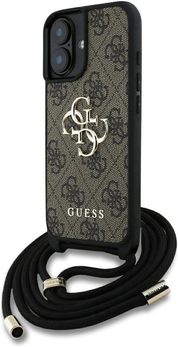 Guess 4G - iPhone 16 Hoesje - Bruin - Groot Logo - Met Koord