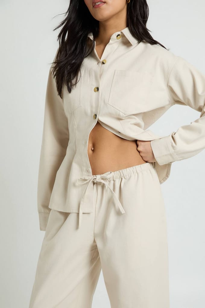 boohoo Dames Chambray Wijde Pijpenbroek Met Trekkoord | Ecru | Maat: 36